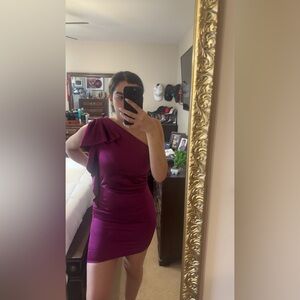 EXPRESS- Magenta Satin Ruffled One Shoulder Satin Dress